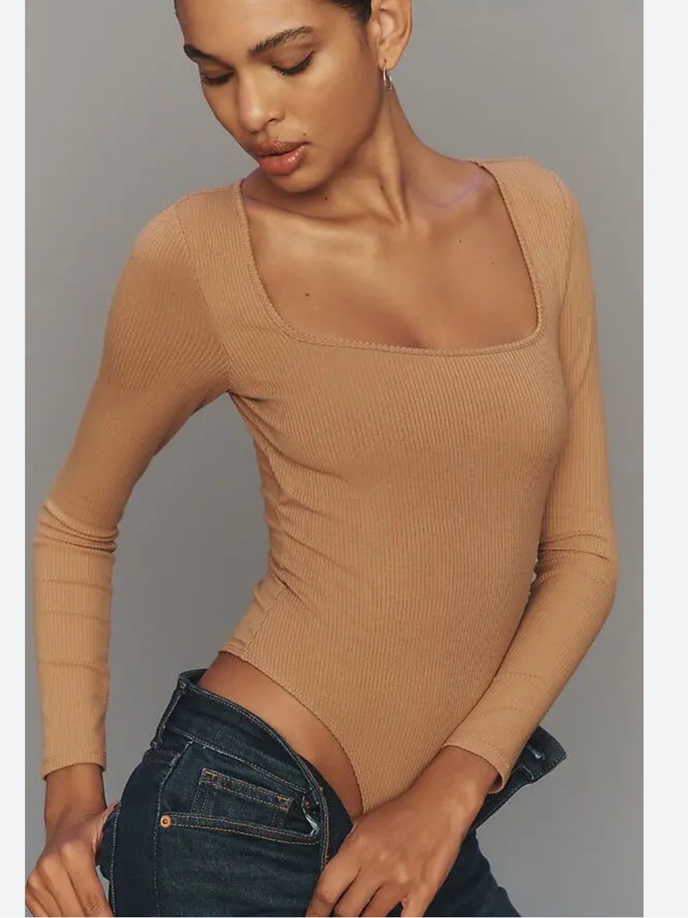 L*Space Amore Long-Sleeve Square-Neck Bodysuit In Camel NWT Small - Picture 2 of 7